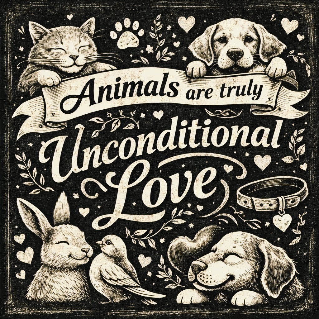 Illustration of animals with text 'Animals are truly Unconditional Love' on a black background.